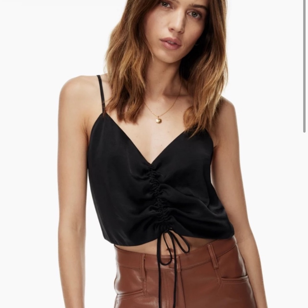 Aritzia Black Satin Ruched Tie Top
